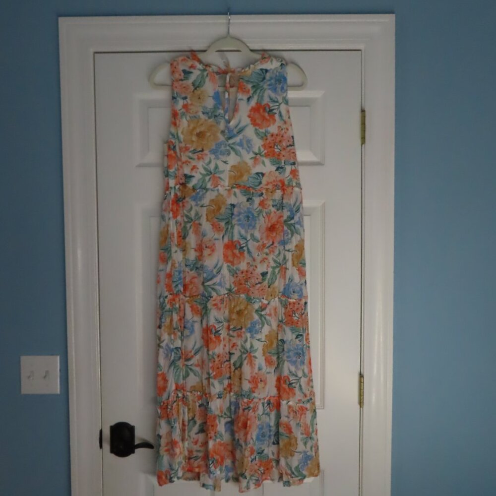 LOFT Women's Floral Tiered Midi Dress Front-Tie Sleeveless Lightweight Medium